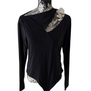 Frayed size XL black thong body suit with Front cut out lots of stretch NWT